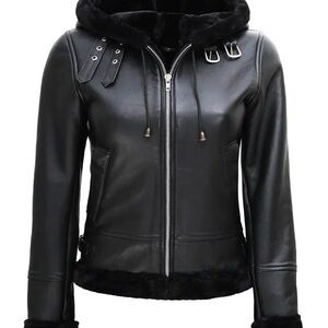 Black Aviator Jacket Women's Hooded Shearling Leather Jacket Size 2XL